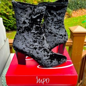 New in box, Impo Stretch Crushed Black Velvet Booties. Size 7.5